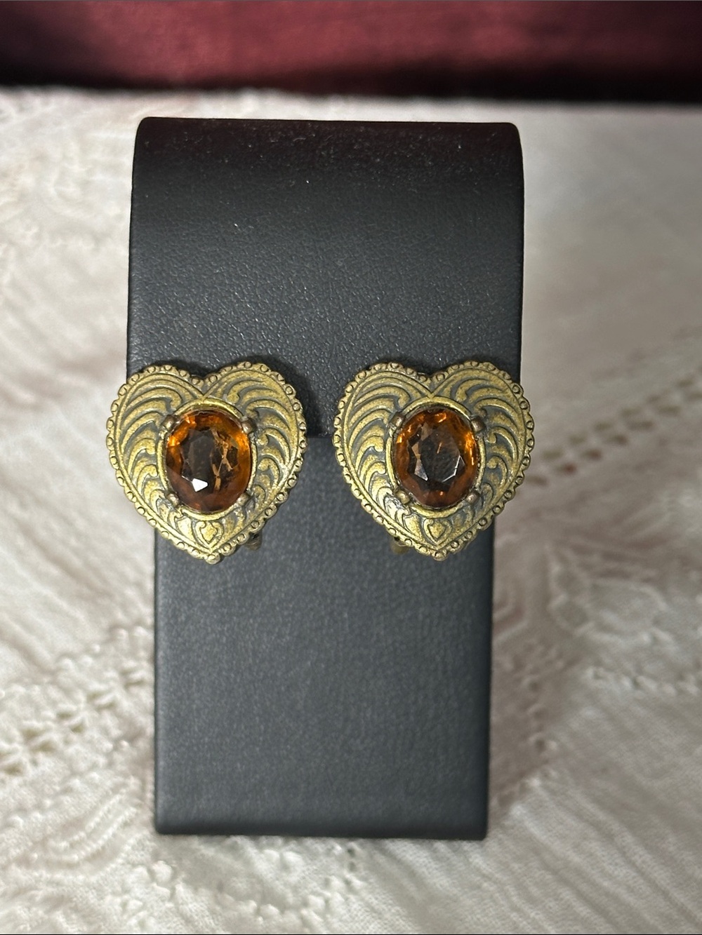 Vintage C. Stein Heart Clip-Ons Amber Glass 💛
